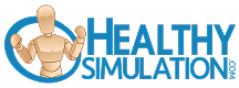 Logo of Healthy Simulation featuring a mannequin figure with raised arms inside a blue oval, alongside bold text highlighting the brand’s focus on medical training and simulation.