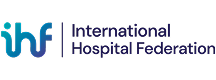 Logo of the International Hospital Federation (IHF) featuring lowercase “ihf” in a blue-to-green gradient, with the full name displayed beside it in dark blue text.