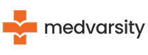 Medvarsity logo featuring an orange cross with a stylized “M” in the center, accompanied by lowercase text spelling “medvarsity” in a modern black font.