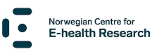 Logo of the Norwegian Centre for E-health Research featuring abstract geometric shapes and bold text, representing innovation in electronic health advancements.
