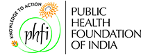 Logo of the Public Health Foundation of India featuring “phfi” within a circular design and the tagline “Knowledge to Action,” representing commitment to public health initiatives.