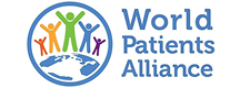 Logo of the World Patients Alliance featuring five colorful human figures with raised arms standing on a globe, symbolizing unity, advocacy, and global patient support.