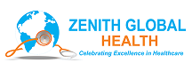 Logo of Zenith Global Health featuring a globe wrapped with a stethoscope, and the tagline “Celebrating Excellence in Healthcare” beneath the name.