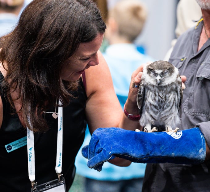 A woman smiling while looking at a small owl on a person's gloved hand.
