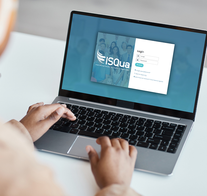 Login page for ISQua platform featuring email and password fields, with options for account recovery and registration beside the ISQua logo.
